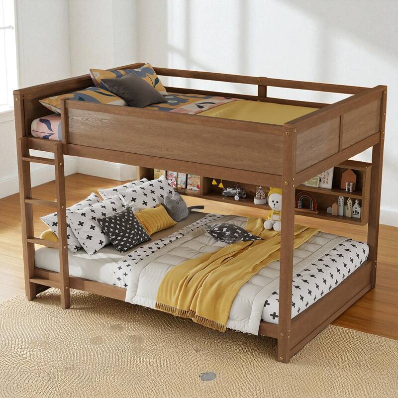 Queen Over Queen Bunk Bed with Storage Cabinets, Charging Station, Ladder and Guardrails, Solid Pine Wood Frame