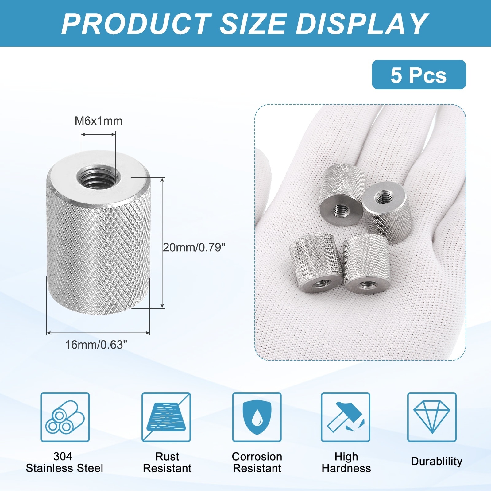 M3 6 Pack 304 Stainless Steel Round Knurled Connector Nuts,0.24"OD x 0.24"H