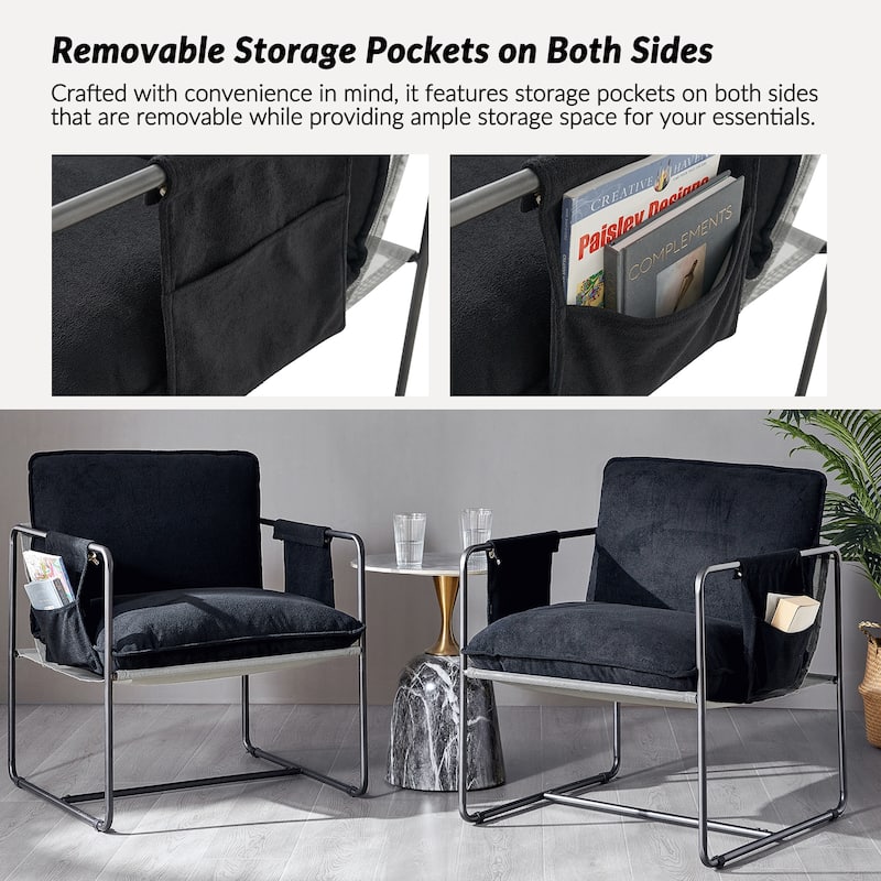 Rebeca Modern Metal Frame Arm Chair with Storage Pockets Set of 2 by HULALA HOME
