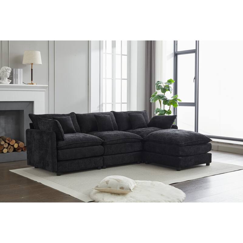 L-Shaped Modular Sectional Sofa with Removable Ottoman, Chenille Upholstered 3-Seater Sofa, Deep Seat Sofa with Pillows