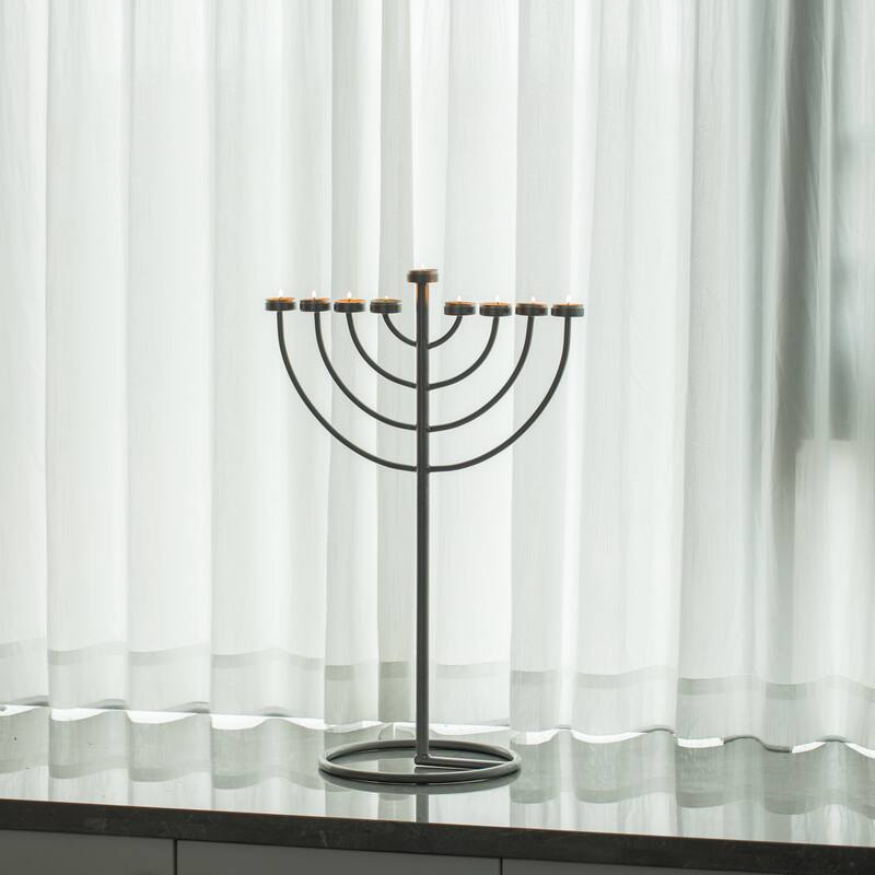 Silver 9 Branch Thin Pipe Hanukkah Menorah, Metal-Aluminum