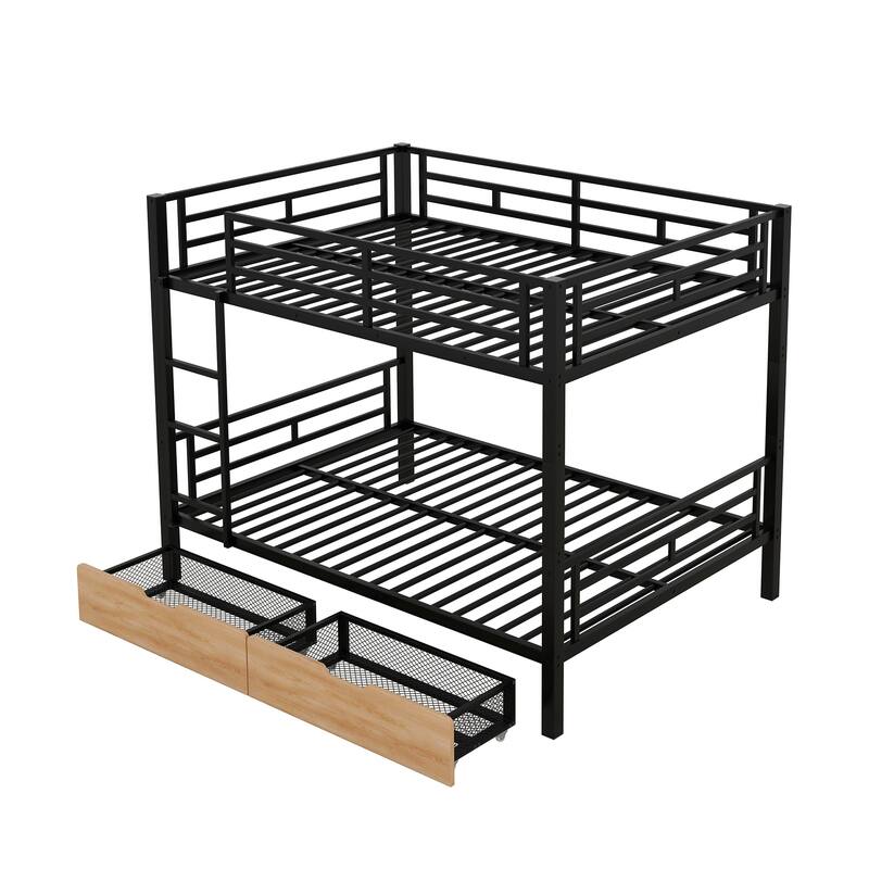 Full Size Convertible Metal Bunk Bed with 2 Drawers, for Kids