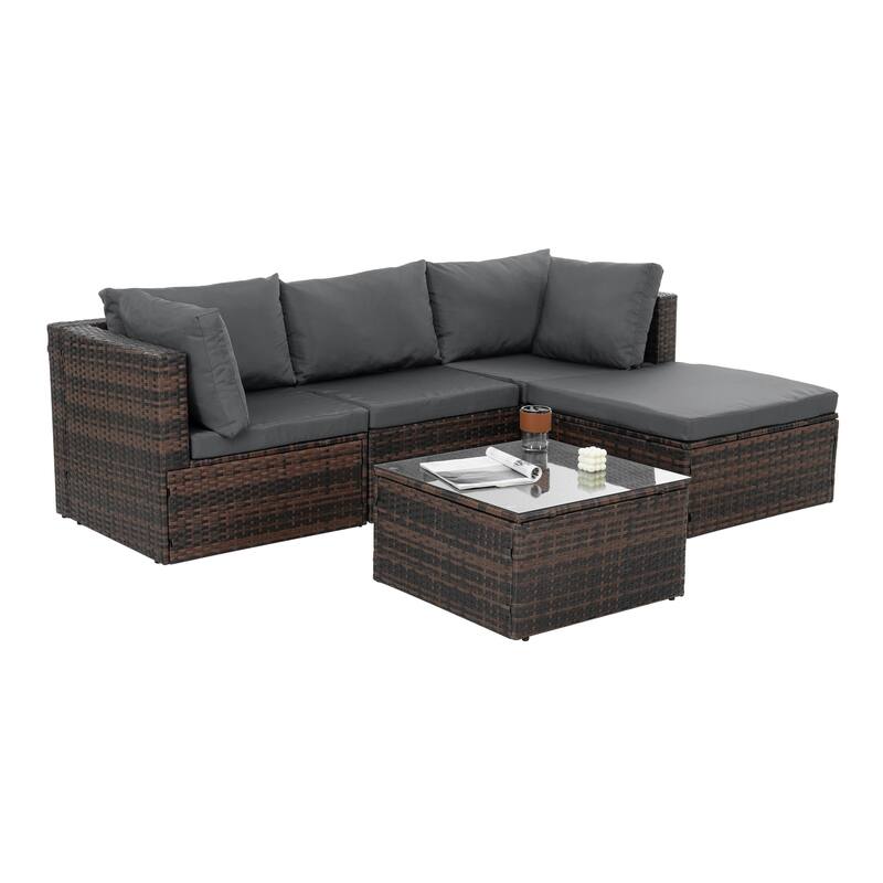 GDFStudio - Stylish 5-Piece Outdoor PE Wicker Patio Set with Tempered Glass Coffee Table, Seats 4