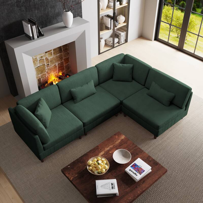 4-Piece Modern Corduroy Modular Sectional Sofa with pillows For Living Room - Hunter Green