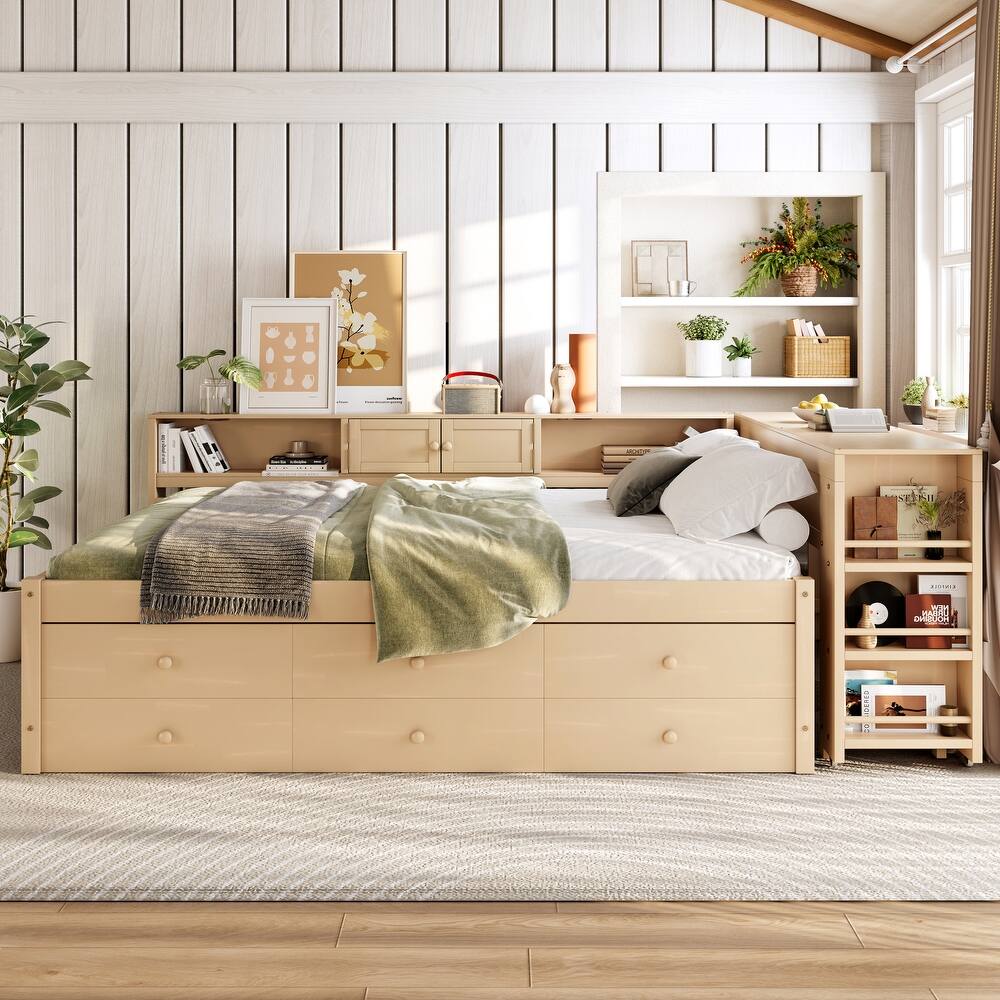 Full/Twin Daybed with Trundle & Storage Drawers - Wood Frame with Side Shelves and Desk