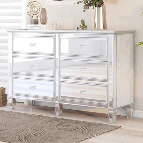 Elegant Mirrored Dresser with 6 Drawers, Modern Silver Finished Dresser for Living Room Bedroom