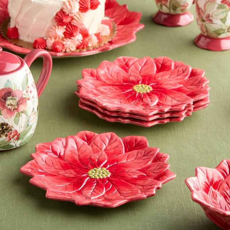 Certifed International Winter Blooms Set of 4 3-D Poinsettia Dessert/Salad Plates - 9 L x 9 W x 0.875 H