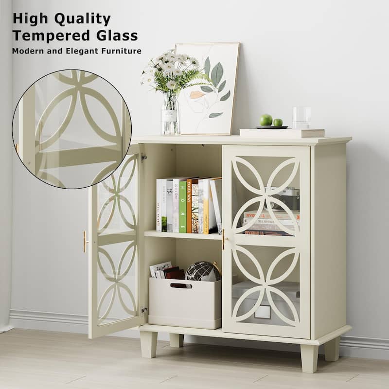 Freestanding Bathroom Cabinet Console Table With Tempered Glass Doors