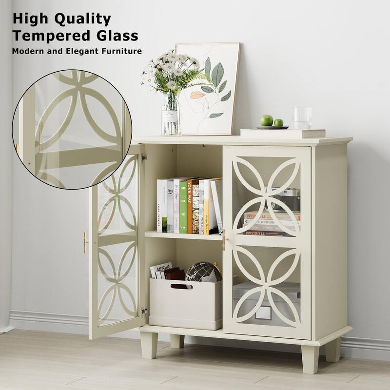 Roomfitters Elegant Storage Cabinet with Geometric Glass Doors, Sideboard Buffet Organizer with Gold Handles, Cream