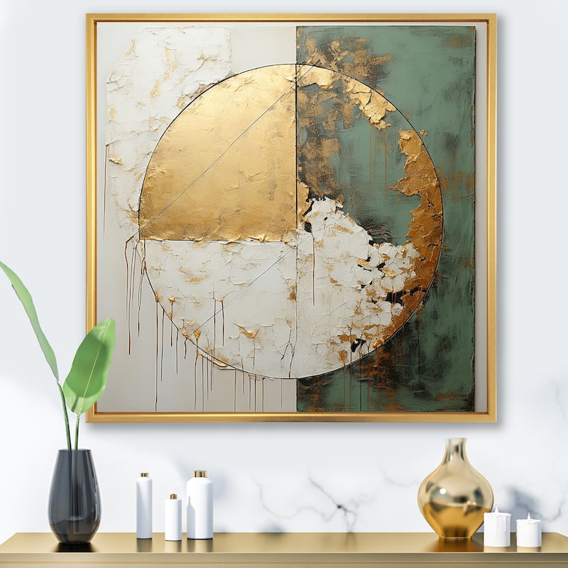 Designart "Gold And Green Paint Fusion I" Abstract Painting Framed Wall Decor - 16 in. wide x 16 in. high - Gold
