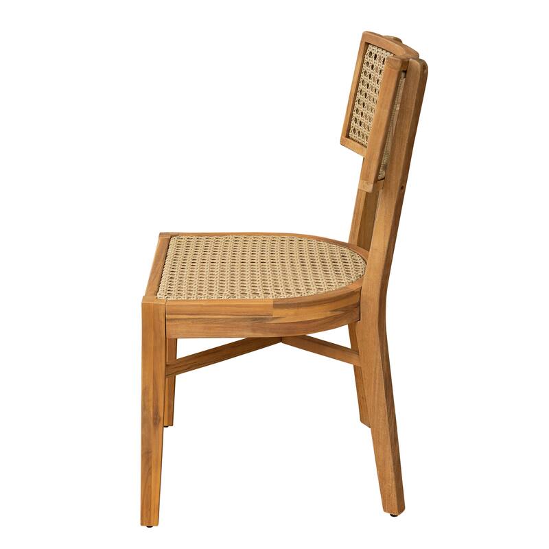 Roomfitters Netro Outdoor Acacia Wood Dining Chairs with Wicker Back, Teak Finish and Light Brown Set of 2 - Set of 2