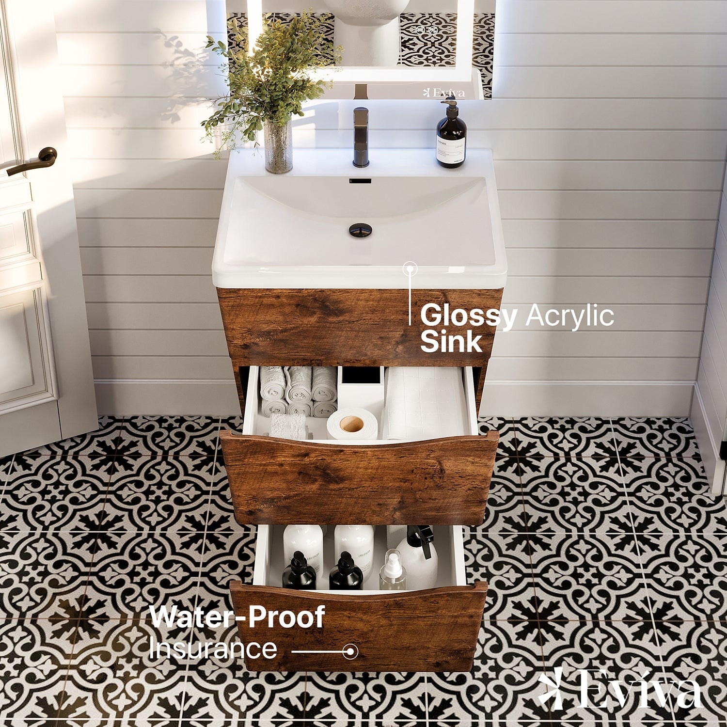 Victoria 25 in. W x 20 in. D x 34 in. H Bathroom Vanity in Rosewood with White Acrylic Top with White Sink