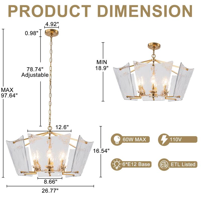6-Light Gold Geometric Chandelier with Textured Clear Glass Panels - Dia.26.77-in