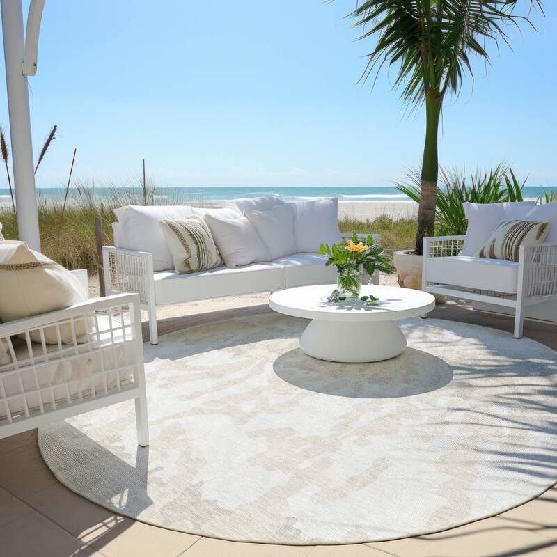 Machine Washable Indoor/ Outdoor Chantille Abstract Animal Print Rug - Ivory - 8' x 8'