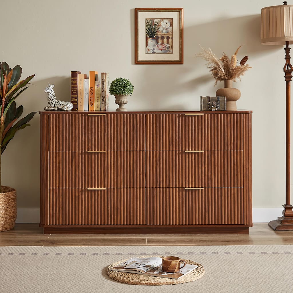 6-Drawer Dresser - 55" Wide Modern Chest of Drawers with Curved Wave Design