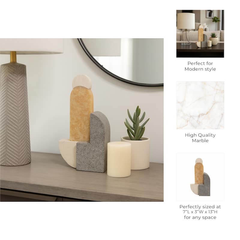 Marble and Stone Abstract Sculpture - Home Decor, Handcrafted Accent, 13", Multi-Color - 7" x 3" x 13"