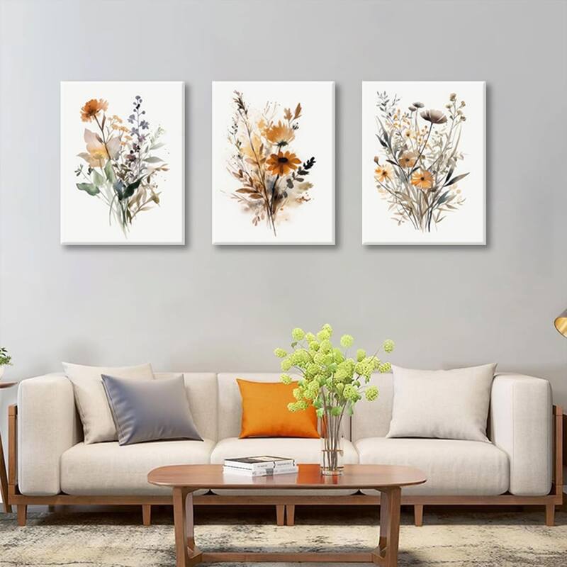 Set of 3 Minimalist Watercolor Flower Pictures Vintage