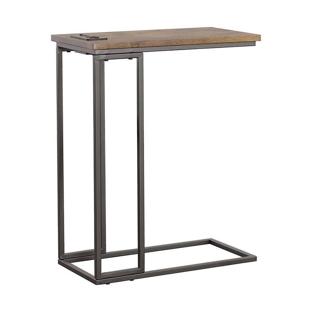 24 Inch Modern C Shape Side End Table, 2 USB, 1 Charging Port, Brown, Black