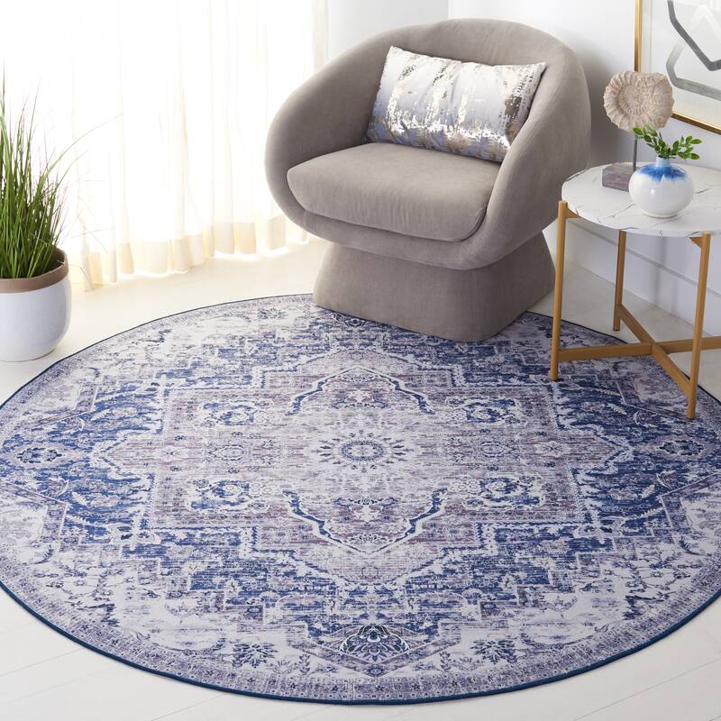 SAFAVIEH Tucson Machine Washable Slip Resistant Mallaury Distressed Rug - 4' Round - Navy/Grey