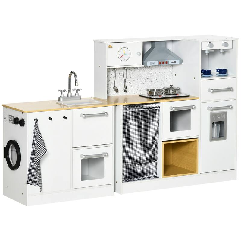Qaba Kids Wooden Kitchen Playset with Sound Effects and Tons of Countertop Space, Wooden Corner Play Kitchen Set