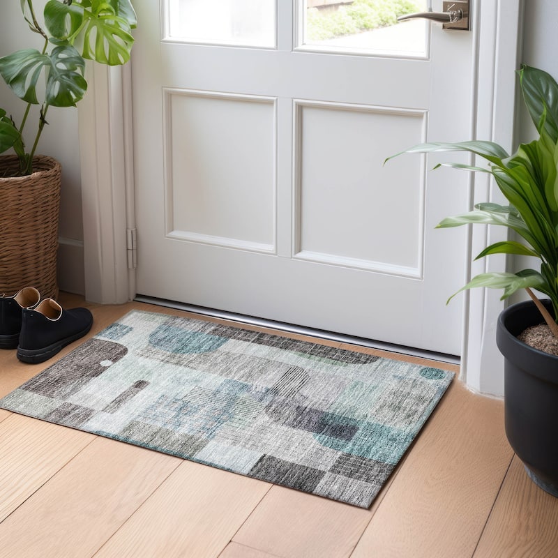 Machine Washable Indoor/ Outdoor Abstract Contemporary Chantille Rug - Teal - 1'8" x 2'6"