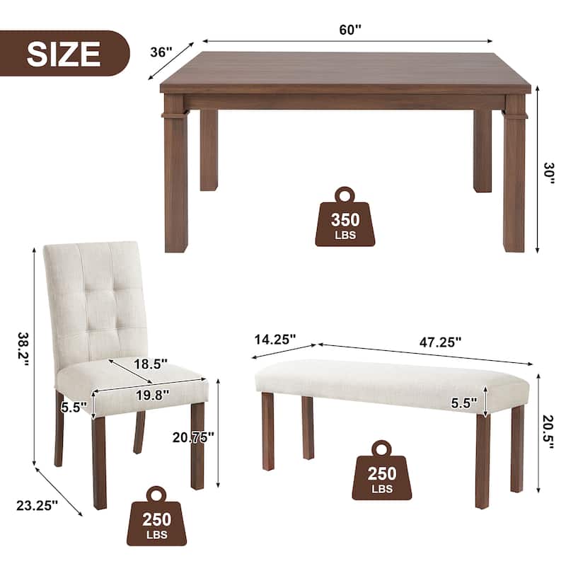 6-Piece Modern Dining Set, Rectangle Kitchen Table with 4 Upholstered Chairs & Bench, Ideal for Dining Room and Living Room