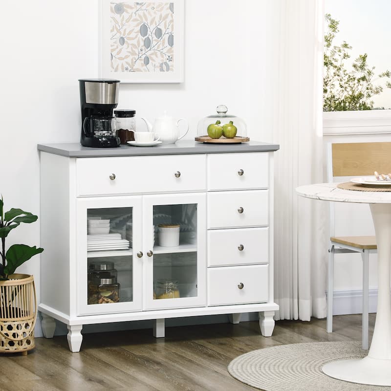 HOMCOM Kitchen Sideboard, Buffet Cabinet with 5 Storage Drawers and Double Glass Door Cupboard for Living Room, White - White