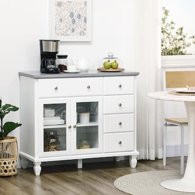 HOMCOM Kitchen Sideboard, Buffet Cabinet with 5 Storage Drawers and Double Glass Door Cupboard for Living Room, White
