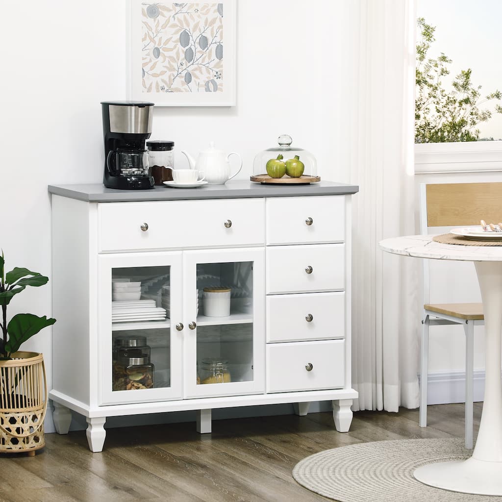 HOMCOM Kitchen Sideboard, Buffet Cabinet with 5 Storage Drawers and Double Glass Door Cupboard for Living Room, White
