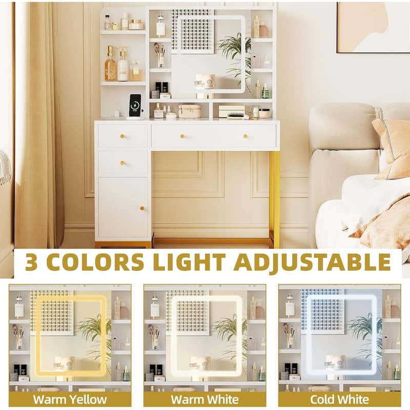 Makeup Desk Dressing Table with LED Lighted Mirror, Power Outlet