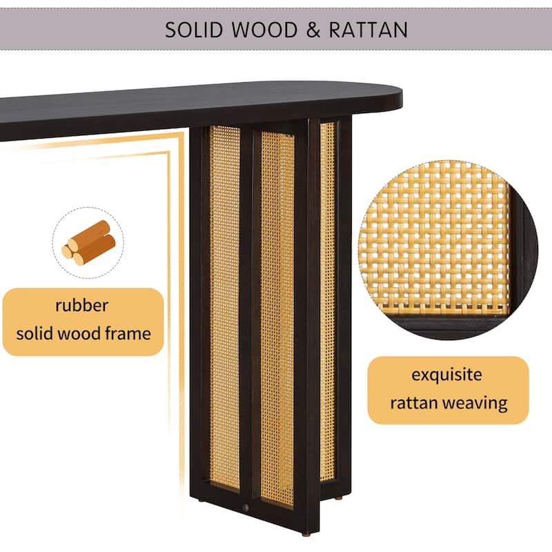 Acacia Veneer Rattan Console Table Narrow Hallway Tables with Oval Table Top, Entryway Table with Storage Drawers Brown