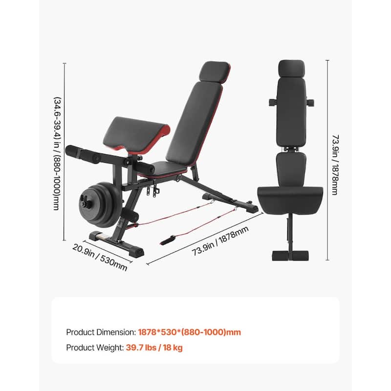 Weight Bench Sit up Bench for Home Gym Strength Training Workout Adjustable - 73.9 x 20.9 x (34.6-39.4)