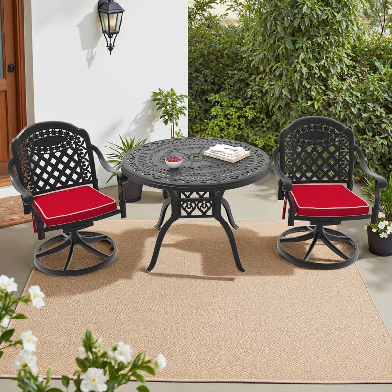 3-Piece Aluminum Round Outdoor Patio Dining Set, 2 Cushioned Swivel Chairs, Table, All-Weather Frames