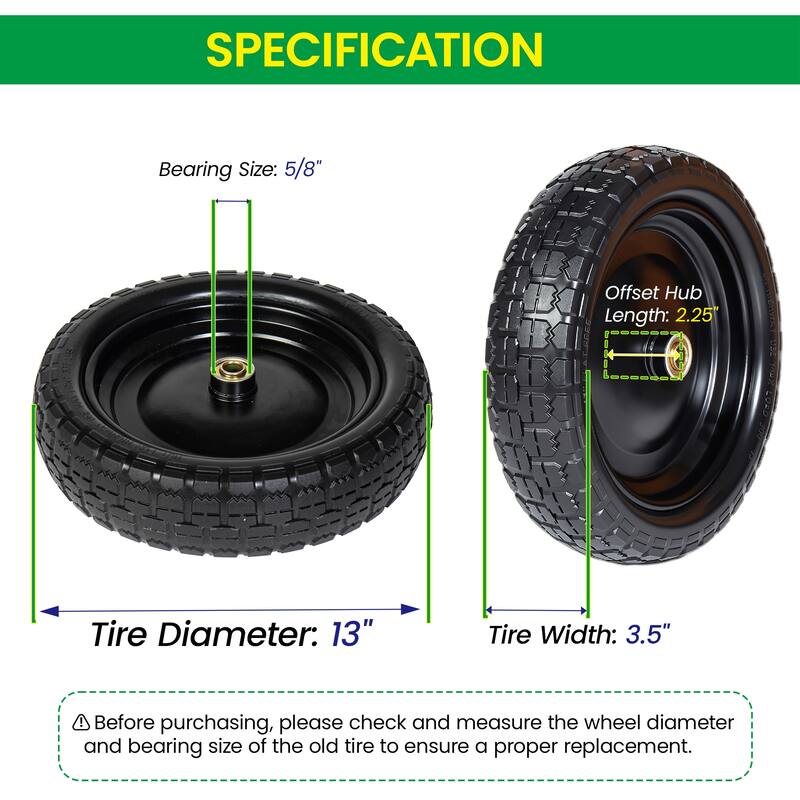 13 Inch Solid Rubber Tires 4.00-6 Flat Free Wheels with 5/8" Bearings 2.2" Offset Hub Replacement for Gorilla Cart (Set of 2)