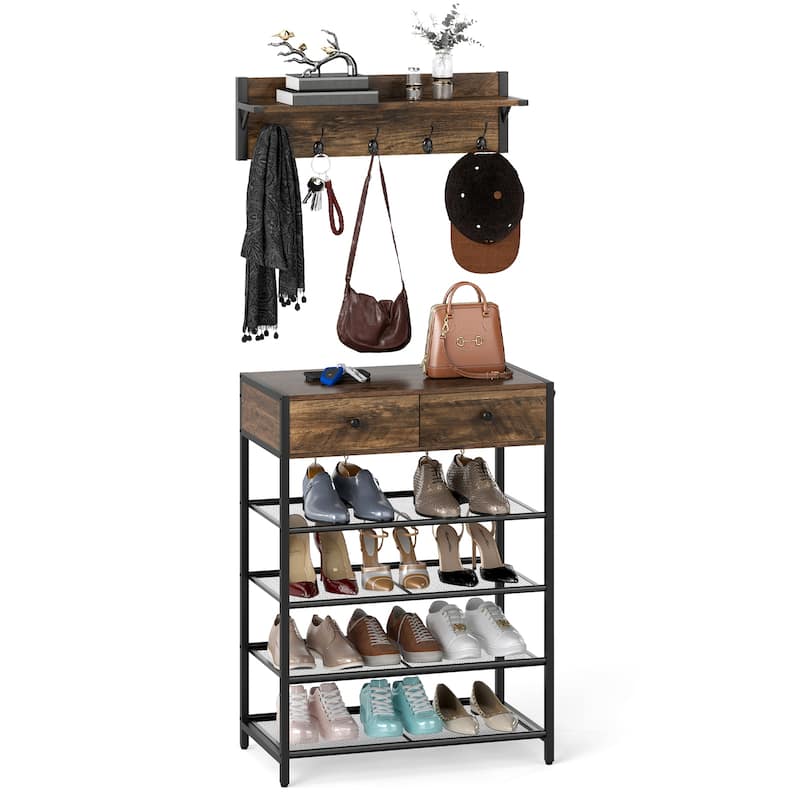 Gymax 5-Tier Shoe Rack w/ Wall-Mounted Coat Rack Hooks Drawers & - Brown+Black