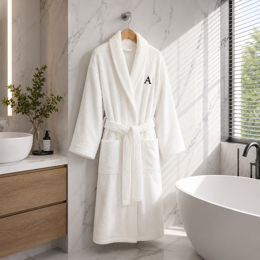 Authentic Hotel and Spa White With Black Monogram Turkish Cotton Unisex Terry Bath Robe
