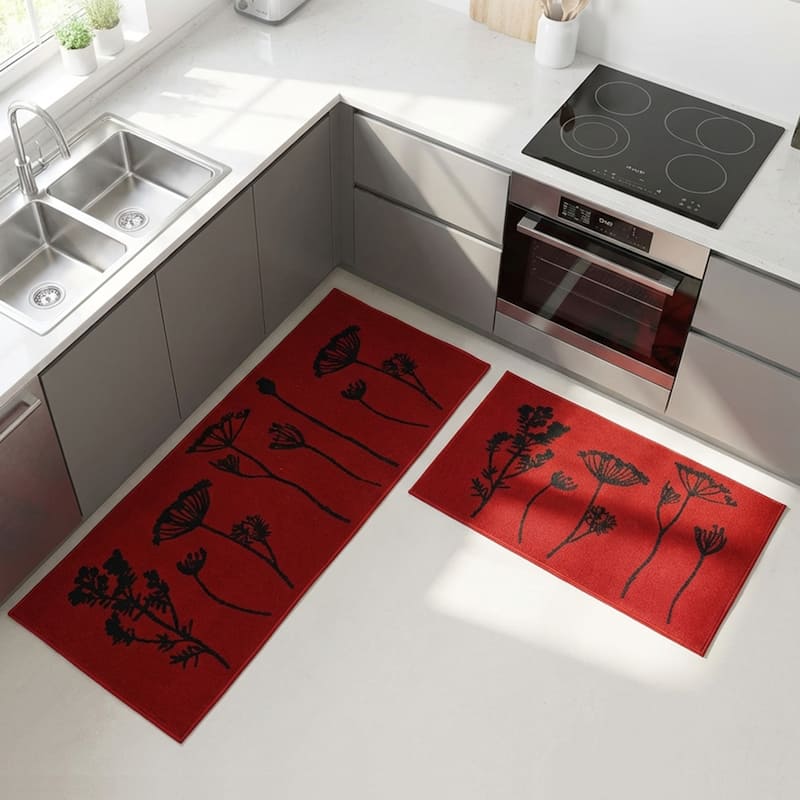 Wool Effect Wildflowers Kitchen Mat or Runner Rug - Set of 2 - Red/Black