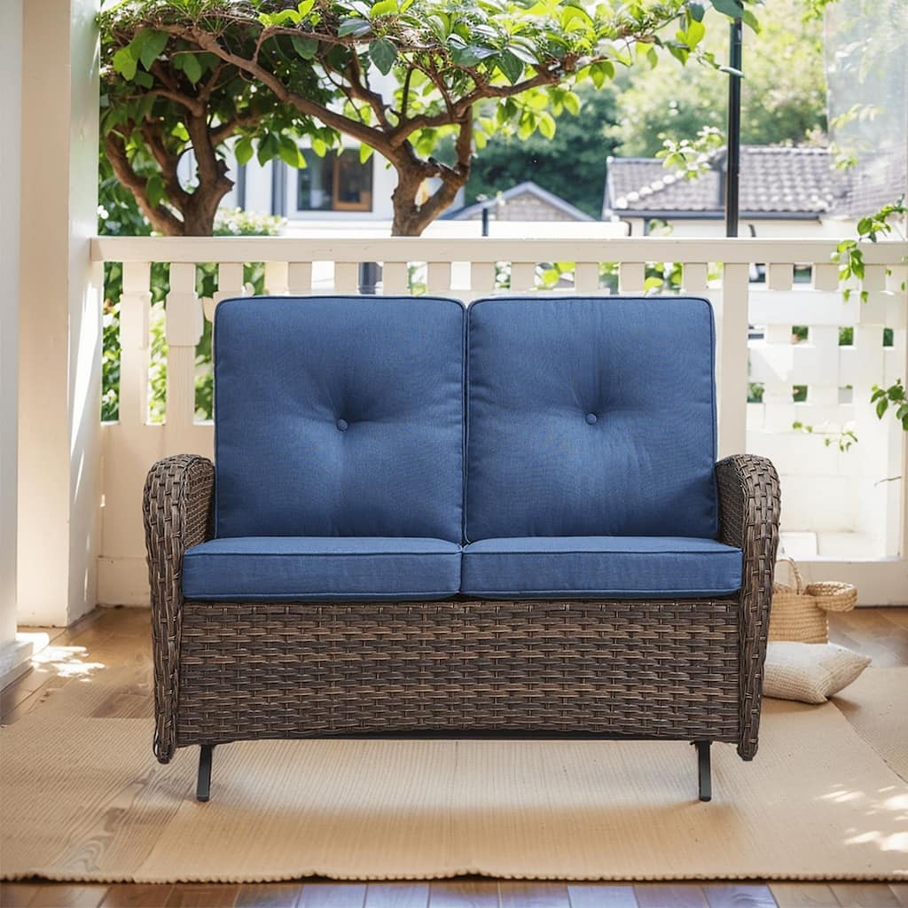 Outdoor Glider Loveseat Patio Sofa Brown-Blue - Brown