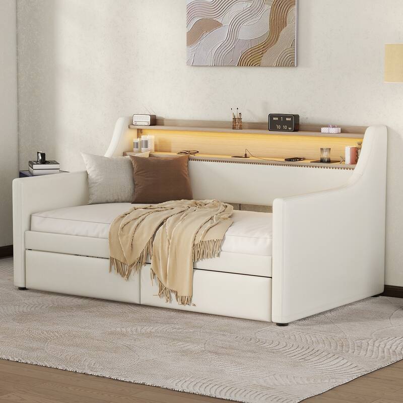 PU Leather Upholstered Daybed with Storage Headboard and 2 Drawers, Twin Sofa Bed Frame with LED Lights and USB Charging Station