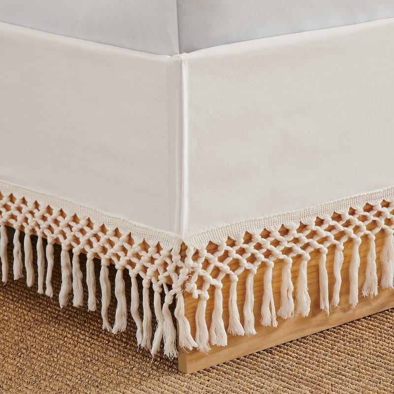 Sweet Jojo Designs Ivory Bohemian Boho Chic Queen Bed Skirt Farmhouse Minimalist Knotted Macrame Tufted Tassel Fringe Cotton