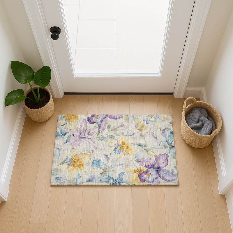 Machine Washable Indoor/ Outdoor Modern Floral Chantille Rug
