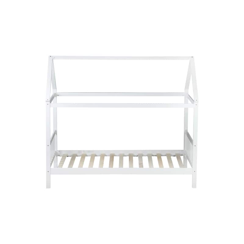 Twin Size House Bed with Headboard and Footboard, Underbed Storage - Rubberwood House-shaped Bed Frame for Children's Room