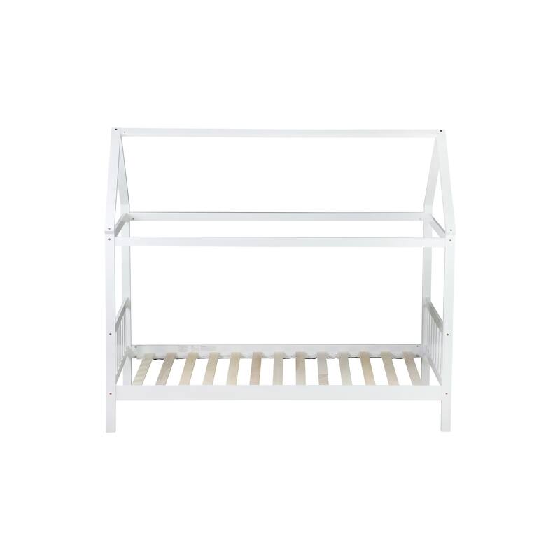 White Twin House Bed with Headboard and Footboard, Rubber Wood Frame