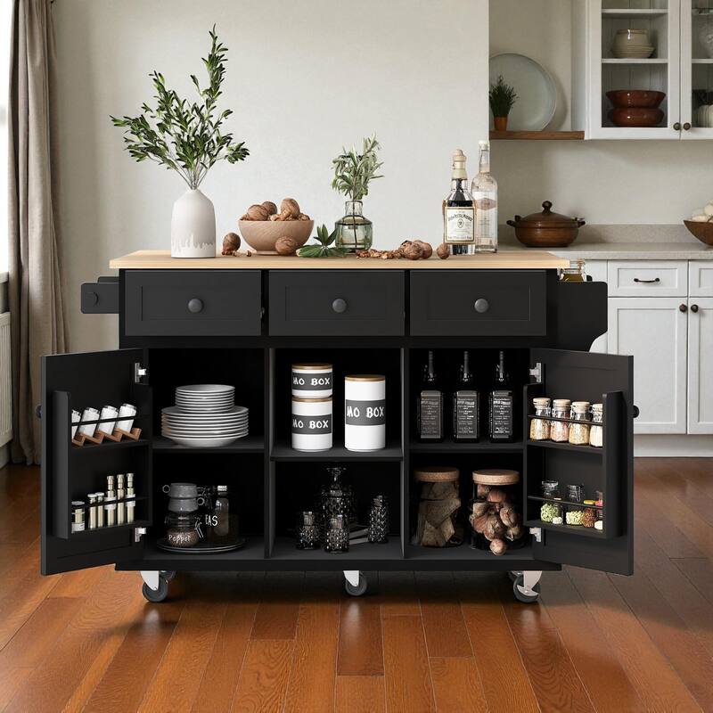53" Kitchen Island Cart with Rubber Wood Drop Leaf, Rolling Storage Cabinet with Drawers, Spice & Towel Rack