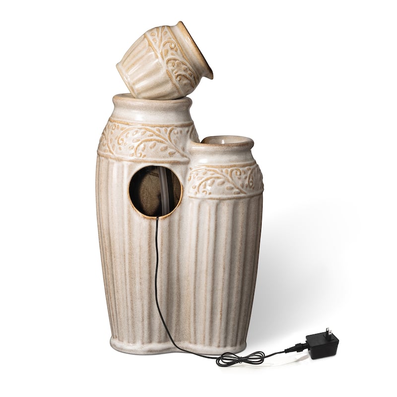 Glitzhome 27"H/35"H 4-Tier Embossed Pattern LED Ceramic Pots Fountain
