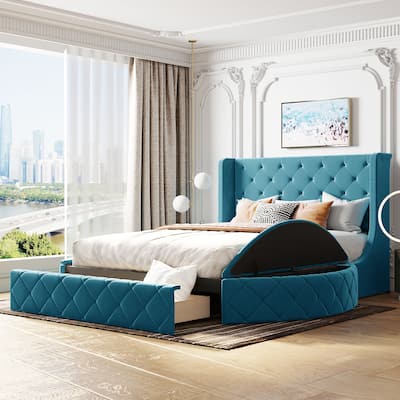 Upholstered Platform Bed Queen Size Storage Velvet Bed with Wingback Headboard and 1 Big Drawer,2 Side Storage Stool(Blue)
