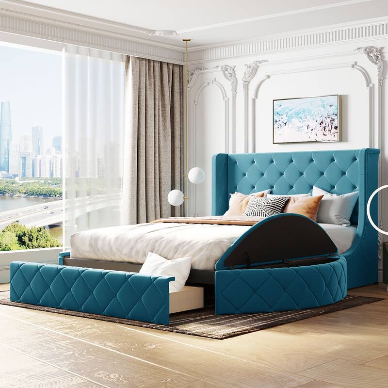 Velvet Queen Platform Bed with Wingback & Storage - Blue