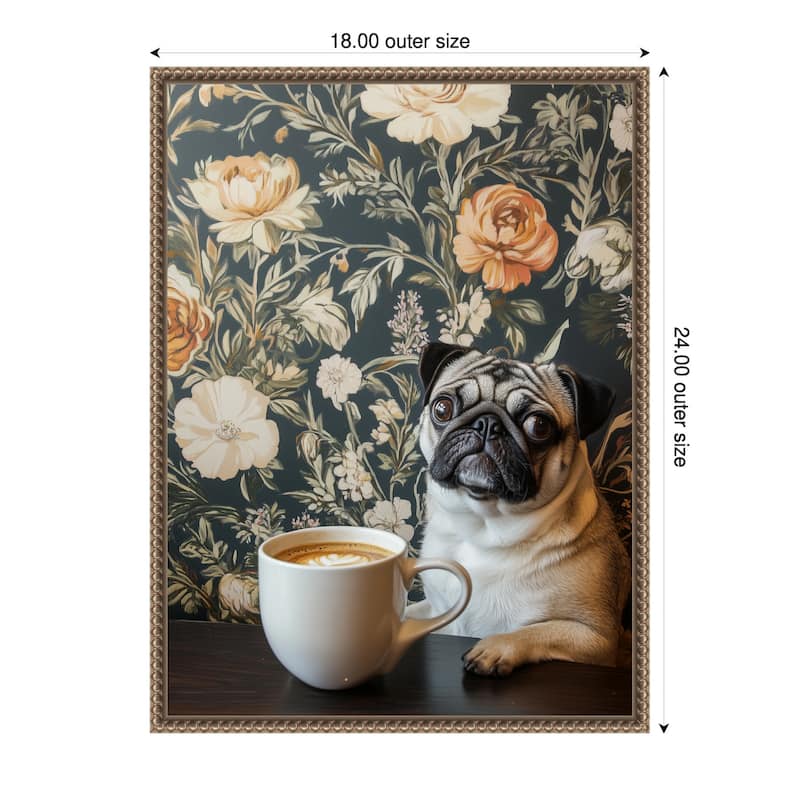 The Latte Loving Pug by Mowzu Framed Canvas Wall Art - 18 x 24 in