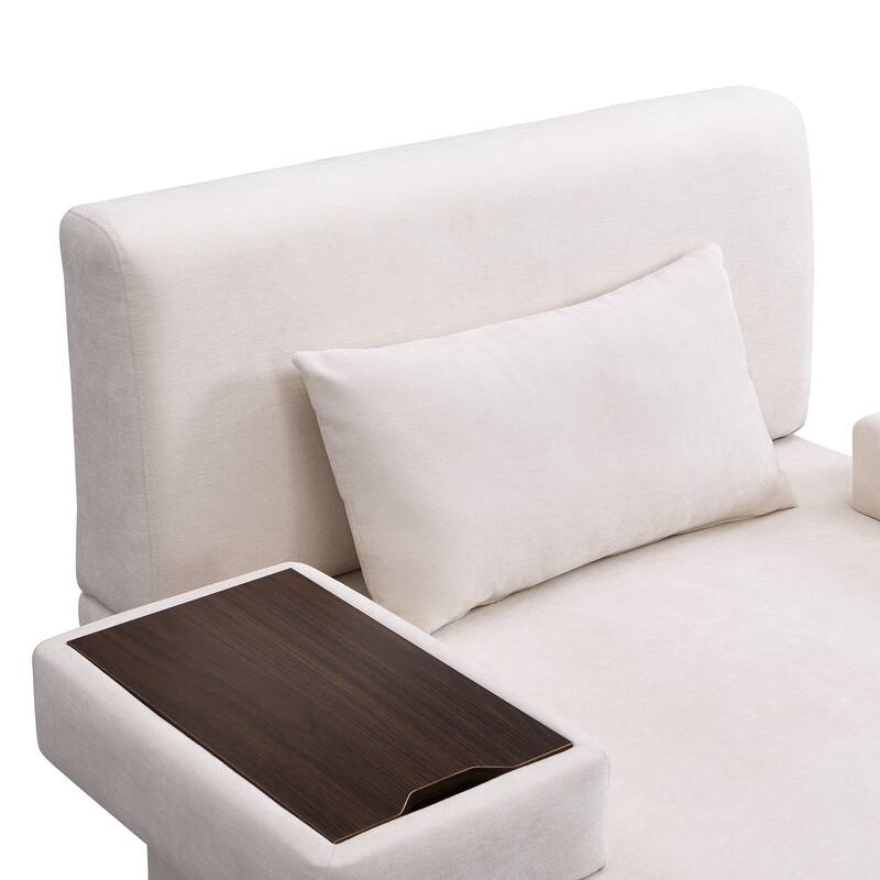 Modern Armchair Lounge Chair Sofa Chair with Built-In Storage, Wooden Table Armrest, Extra-Wide Seat