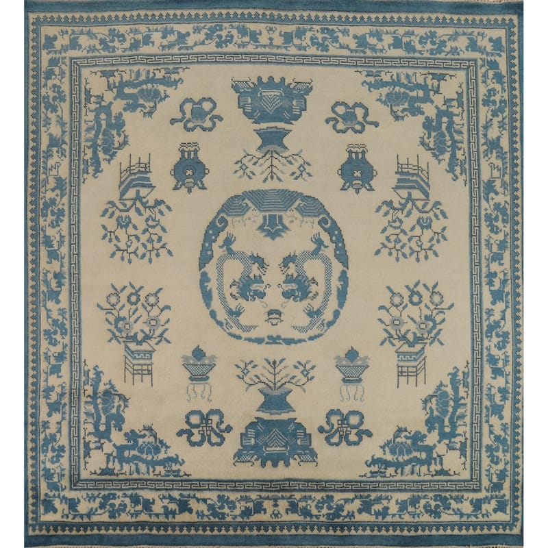 Hand Knotted Oriental 100% Wool Carpet Traditional Geometric Beige & Ivories Art Deco Area Rug - 7' 11'' X 8' 1''
